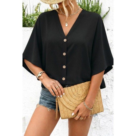 Kadın Kısa Yarasa Kollu V Yakalı önden Düğmeli Aerobin Bluz, 32550