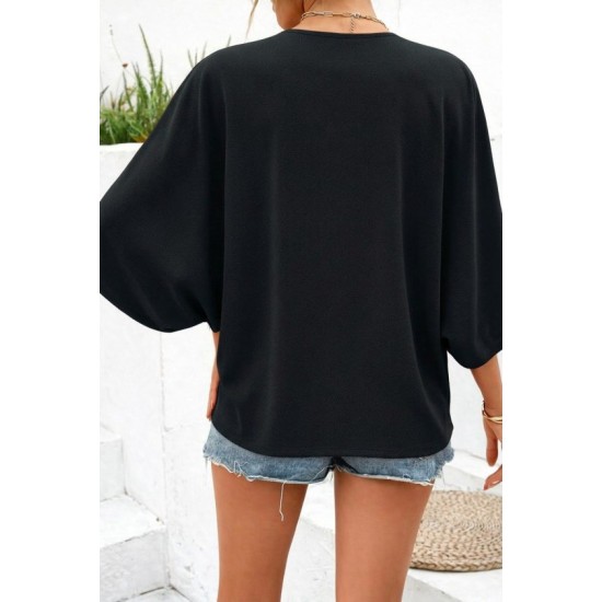 Kadın Kısa Yarasa Kollu V Yakalı önden Düğmeli Aerobin Bluz, 32550