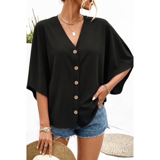 Kadın Kısa Yarasa Kollu V Yakalı önden Düğmeli Aerobin Bluz, 32550