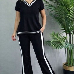 Kadın Kısa Kollu V Yakalı Viskon Iki Iplik Bluz Ve Pantolon Ikili Takım , 32557