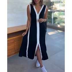 Kadın Askılı V Yakalı çift Renk şeritli önden Yırtmaçlı Uzun Viskon Elbise , 32556 Kadın Askılı V Yakalı çift Renk şeritli önden Yırtmaçlı Uzun Viskon Elbise , 32556