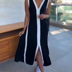 Kadın Askılı V Yakalı çift Renk şeritli önden Yırtmaçlı Uzun Viskon Elbise , 32556 Kadın Askılı V Yakalı çift Renk şeritli önden Yırtmaçlı Uzun Viskon Elbise , 32556