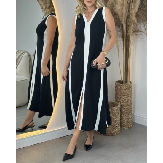 Kadın Askılı V Yakalı çift Renk şeritli önden Yırtmaçlı Uzun Viskon Elbise , 32556 Kadın Askılı V Yakalı çift Renk şeritli önden Yırtmaçlı Uzun Viskon Elbise , 32556