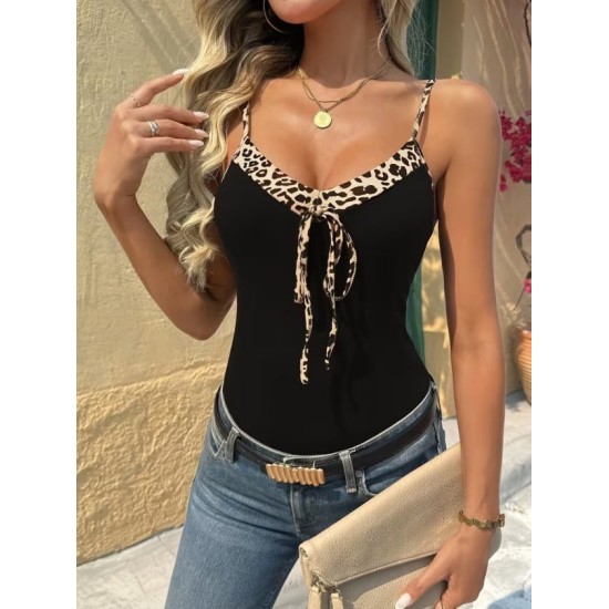 Kadın Ip Askılı Göğüsten Bağcıklı Leopar Desen Detaylı Viskon Bluz , 32566