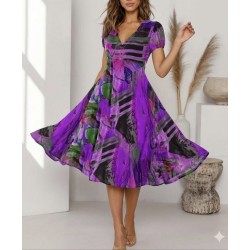 Kadın Kısa Kollu V Yaka Renkli Karışık Desen Kloş Süprem Midi Elbise, 32568