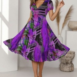 Kadın Kısa Kollu V Yaka Renkli Karışık Desen Kloş Süprem Midi Elbise, 32568