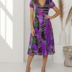 Kadın Kısa Kollu V Yaka Renkli Karışık Desen Kloş Süprem Midi Elbise, 32568 Kadın Kısa Kollu V Yaka Renkli Karışık Desen Kloş Süprem Midi Elbise, 32568