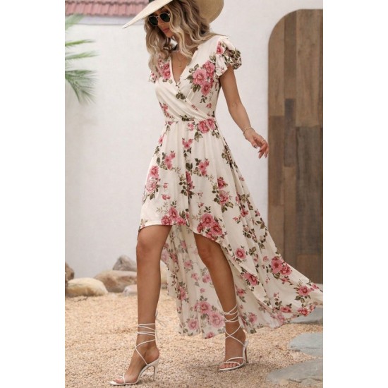 Kadın Kısa Kollu Kruvaze Yakalı önü Asimetrik Detaylı Uzun çiçek Desenli Süprem Elbise , 32578