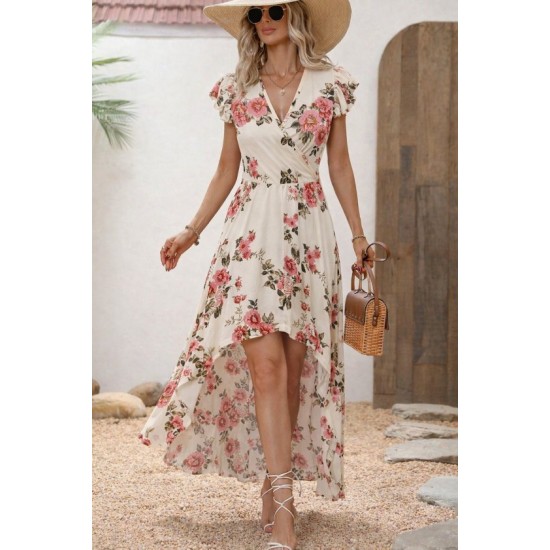 Kadın Kısa Kollu Kruvaze Yakalı önü Asimetrik Detaylı Uzun çiçek Desenli Süprem Elbise , 32578