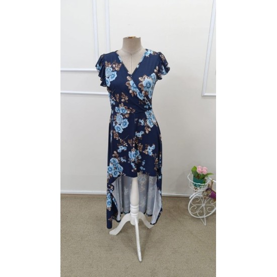 Kadın Kısa Kollu Kruvaze Yakalı önü Asimetrik Detaylı Uzun çiçek Desenli Süprem Elbise , 32576