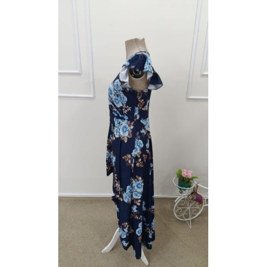 Kadın Kısa Kollu Kruvaze Yakalı önü Asimetrik Detaylı Uzun çiçek Desenli Süprem Elbise , 32576