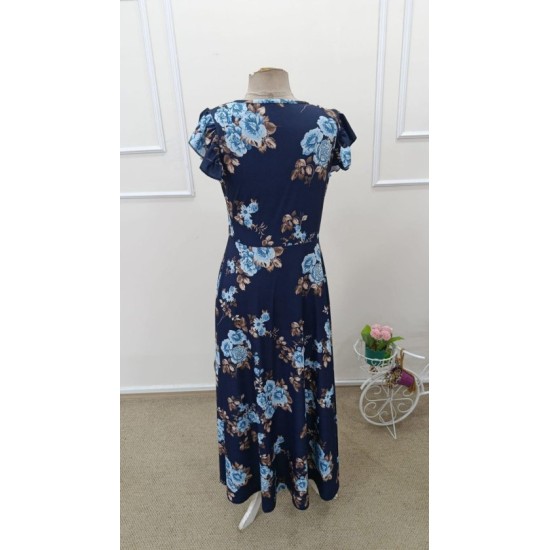 Kadın Kısa Kollu Kruvaze Yakalı önü Asimetrik Detaylı Uzun çiçek Desenli Süprem Elbise , 32576