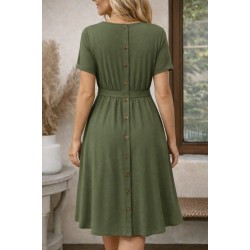 Kadın Kısa Kollu Yuvarlak Yaka Arkadan Düğmeli Viskon Midi Elbise, 32574