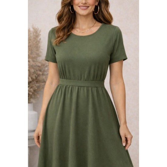 Kadın Kısa Kollu Yuvarlak Yaka Arkadan Düğmeli Viskon Midi Elbise, 32574 Kadın Kısa Kollu Yuvarlak Yaka Arkadan Düğmeli Viskon Midi Elbise, 32574