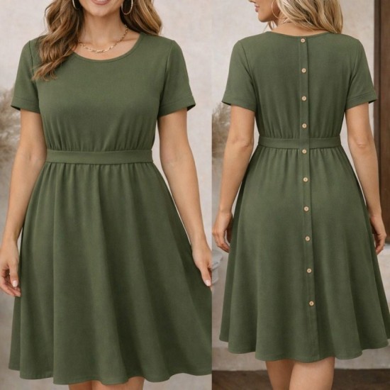 Kadın Kısa Kollu Yuvarlak Yaka Arkadan Düğmeli Viskon Midi Elbise, 32574 Kadın Kısa Kollu Yuvarlak Yaka Arkadan Düğmeli Viskon Midi Elbise, 32574