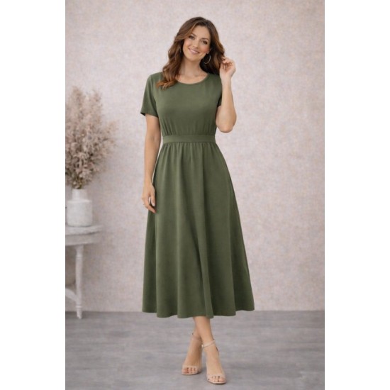 Kadın Kısa Kollu Yuvarlak Yaka Arkadan Düğmeli Viskon Midi Elbise, 32574 Kadın Kısa Kollu Yuvarlak Yaka Arkadan Düğmeli Viskon Midi Elbise, 32574