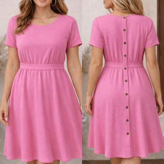 Kadın Kısa Kollu Yuvarlak Yaka Arkadan Düğmeli Viskon Midi Elbise, 32573