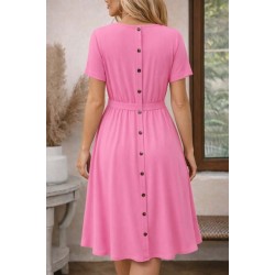 Kadın Kısa Kollu Yuvarlak Yaka Arkadan Düğmeli Viskon Midi Elbise, 32573