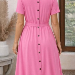 Kadın Kısa Kollu Yuvarlak Yaka Arkadan Düğmeli Viskon Midi Elbise, 32573