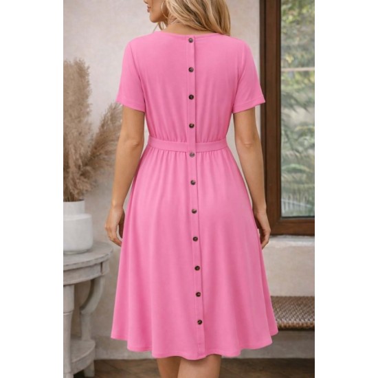 Kadın Kısa Kollu Yuvarlak Yaka Arkadan Düğmeli Viskon Midi Elbise, 32573