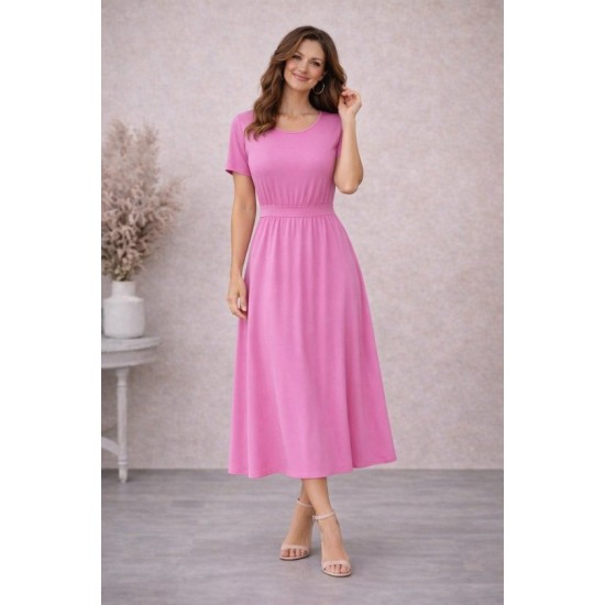 Kadın Kısa Kollu Yuvarlak Yaka Arkadan Düğmeli Viskon Midi Elbise, 32573