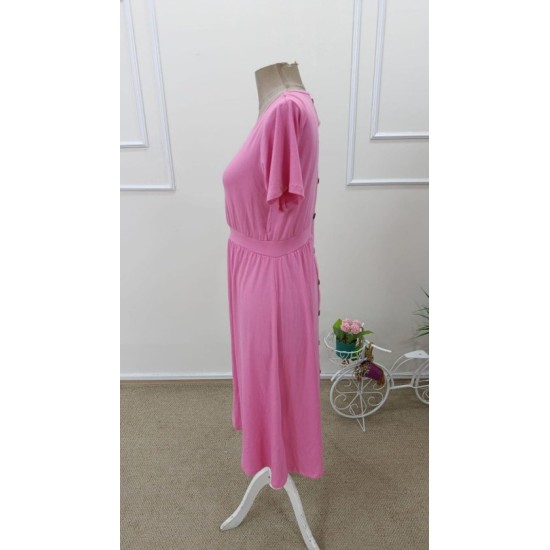 Kadın Kısa Kollu Yuvarlak Yaka Arkadan Düğmeli Viskon Midi Elbise, 32573