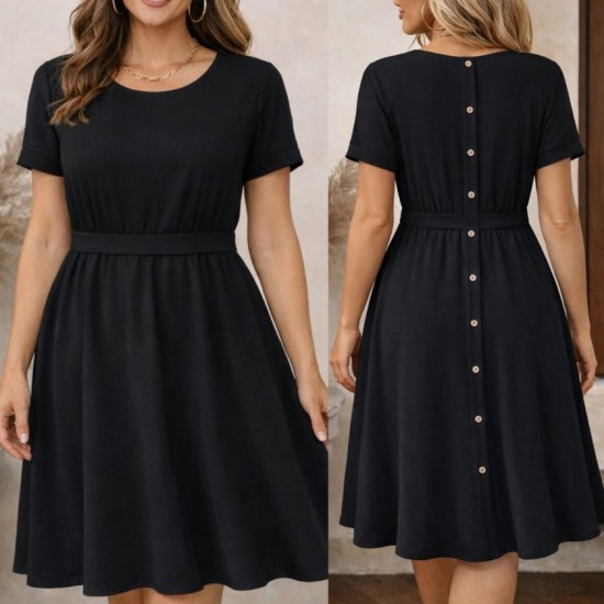 Kadın Kısa Kollu Yuvarlak Yaka Arkadan Düğmeli Viskon Midi Elbise, 32572