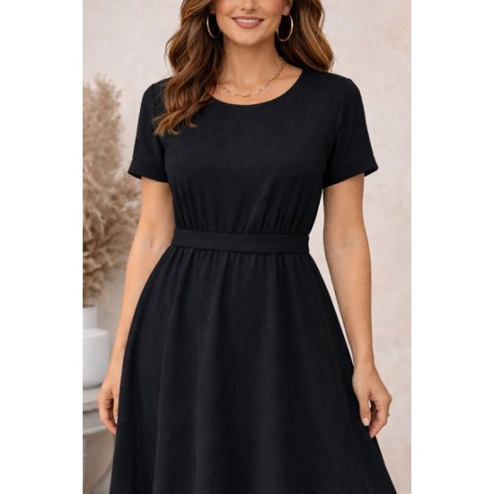 Kadın Kısa Kollu Yuvarlak Yaka Arkadan Düğmeli Viskon Midi Elbise, 32572