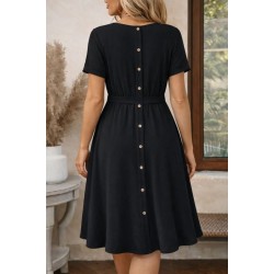Kadın Kısa Kollu Yuvarlak Yaka Arkadan Düğmeli Viskon Midi Elbise, 32572