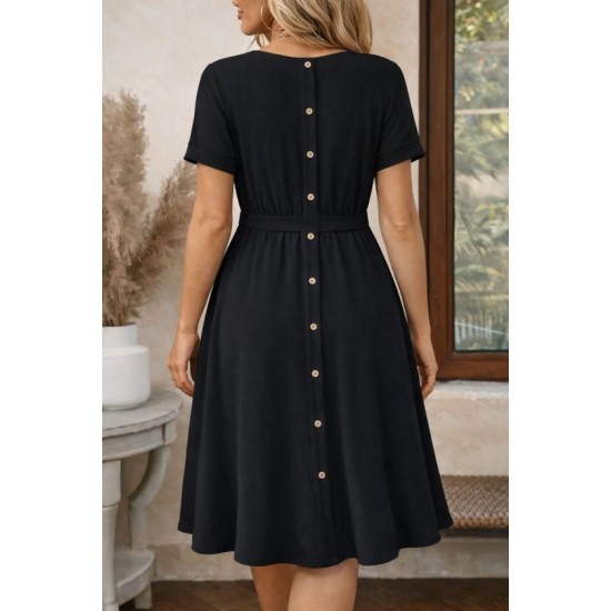 Kadın Kısa Kollu Yuvarlak Yaka Arkadan Düğmeli Viskon Midi Elbise, 32572