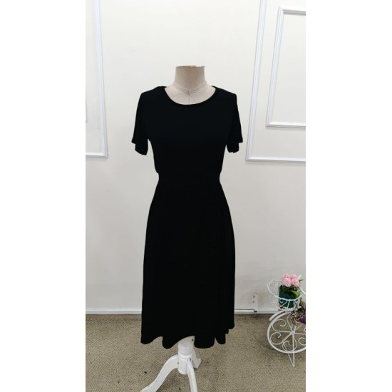 Kadın Kısa Kollu Yuvarlak Yaka Arkadan Düğmeli Viskon Midi Elbise, 32572