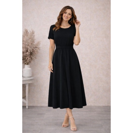 Kadın Kısa Kollu Yuvarlak Yaka Arkadan Düğmeli Viskon Midi Elbise, 32572