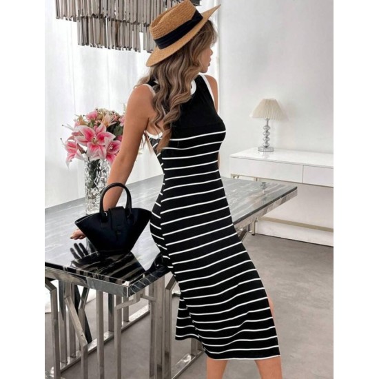 Kadın Askılı Yuvarlak Yaka şerit Detaylı Yırtmaçlı Midi Triko Elbise , 32579