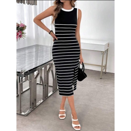 Kadın Askılı Yuvarlak Yaka şerit Detaylı Yırtmaçlı Midi Triko Elbise , 32579