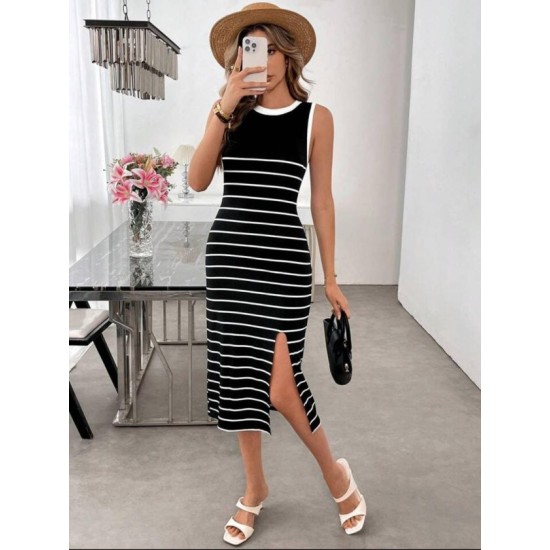 Kadın Askılı Yuvarlak Yaka şerit Detaylı Yırtmaçlı Midi Triko Elbise , 32579