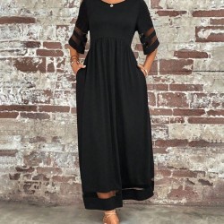 Kadın Kısa Kollu Bisiklet Yaka Tül Detaylı Janjan Krep Maksi Elbise, 32585