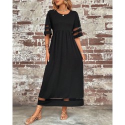 Kadın Kısa Kollu Bisiklet Yaka Tül Detaylı Janjan Krep Maksi Elbise, 32585 Kadın Kısa Kollu Bisiklet Yaka Tül Detaylı Janjan Krep Maksi Elbise, 32585