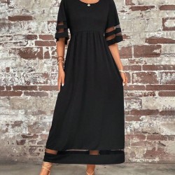 Kadın Kısa Kollu Bisiklet Yaka Tül Detaylı Janjan Krep Maksi Elbise, 32585 Kadın Kısa Kollu Bisiklet Yaka Tül Detaylı Janjan Krep Maksi Elbise, 32585