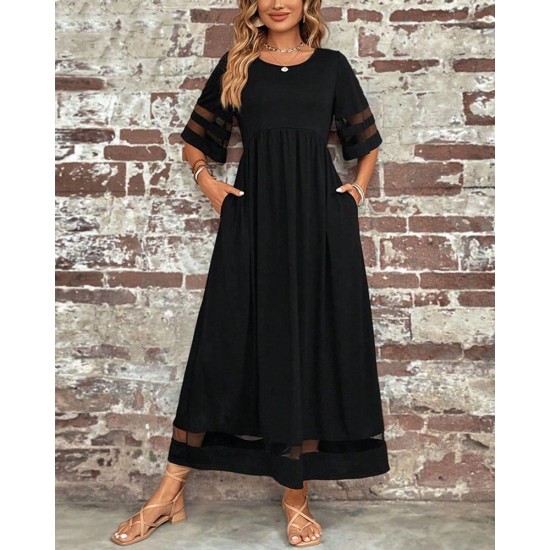 Kadın Kısa Kollu Bisiklet Yaka Tül Detaylı Janjan Krep Maksi Elbise, 32585 Kadın Kısa Kollu Bisiklet Yaka Tül Detaylı Janjan Krep Maksi Elbise, 32585