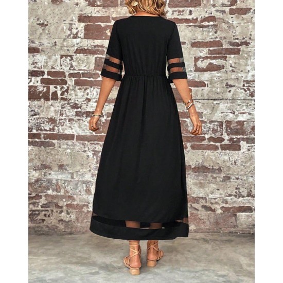 Kadın Kısa Kollu Bisiklet Yaka Tül Detaylı Janjan Krep Maksi Elbise, 32585 Kadın Kısa Kollu Bisiklet Yaka Tül Detaylı Janjan Krep Maksi Elbise, 32585