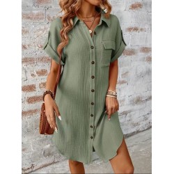 Kadın Kısa Kollu Yakalı önden Düğmeli Bürümcük Kısa Elbise, 32590 Kadın Kısa Kollu Yakalı önden Düğmeli Bürümcük Kısa Elbise, 32590