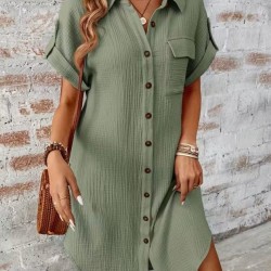 Kadın Kısa Kollu Yakalı önden Düğmeli Bürümcük Kısa Elbise, 32590 Kadın Kısa Kollu Yakalı önden Düğmeli Bürümcük Kısa Elbise, 32590