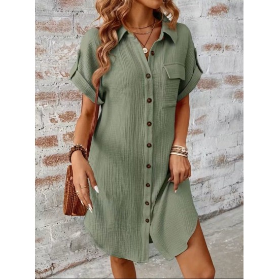 Kadın Kısa Kollu Yakalı önden Düğmeli Bürümcük Kısa Elbise, 32590