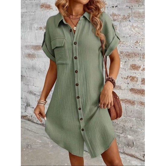 Kadın Kısa Kollu Yakalı önden Düğmeli Bürümcük Kısa Elbise, 32590