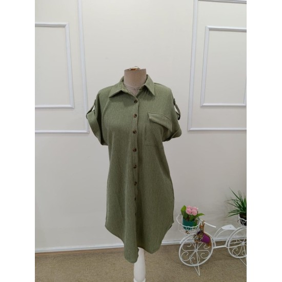 Kadın Kısa Kollu Yakalı önden Düğmeli Bürümcük Kısa Elbise, 32590