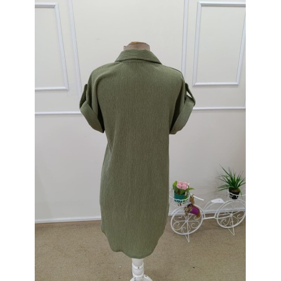 Kadın Kısa Kollu Yakalı önden Düğmeli Bürümcük Kısa Elbise, 32590