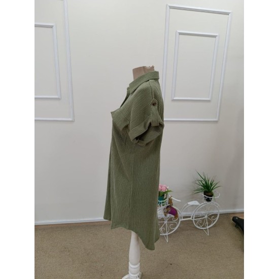 Kadın Kısa Kollu Yakalı önden Düğmeli Bürümcük Kısa Elbise, 32590