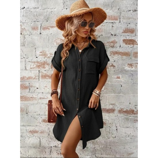 Kadın Kısa Kollu Yakalı önden Düğmeli Bürümcük Kısa Elbise, 32588 Kadın Kısa Kollu Yakalı önden Düğmeli Bürümcük Kısa Elbise, 32588