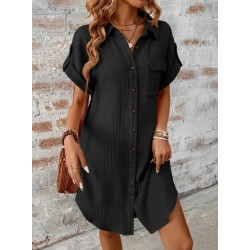 Kadın Kısa Kollu Yakalı önden Düğmeli Bürümcük Kısa Elbise, 32588 Kadın Kısa Kollu Yakalı önden Düğmeli Bürümcük Kısa Elbise, 32588