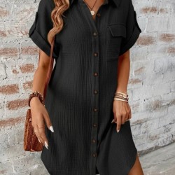 Kadın Kısa Kollu Yakalı önden Düğmeli Bürümcük Kısa Elbise, 32588 Kadın Kısa Kollu Yakalı önden Düğmeli Bürümcük Kısa Elbise, 32588